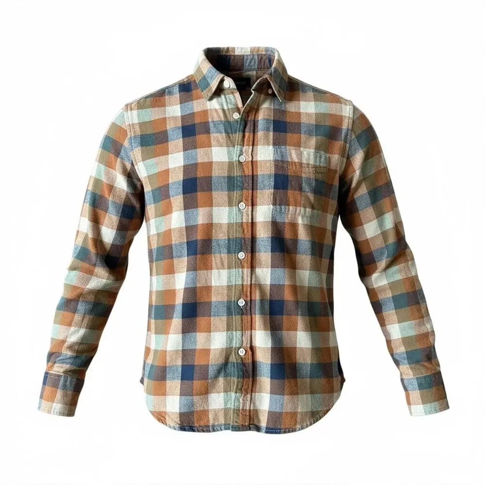 J.Crew Men's Brown Green & White Buffalo Check Long Sleeve Flannel Shirt- Size M